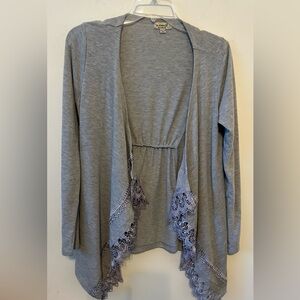 One World Gray Knit Lace Open Cardigan Lace Trim Lightweight Women's Small
